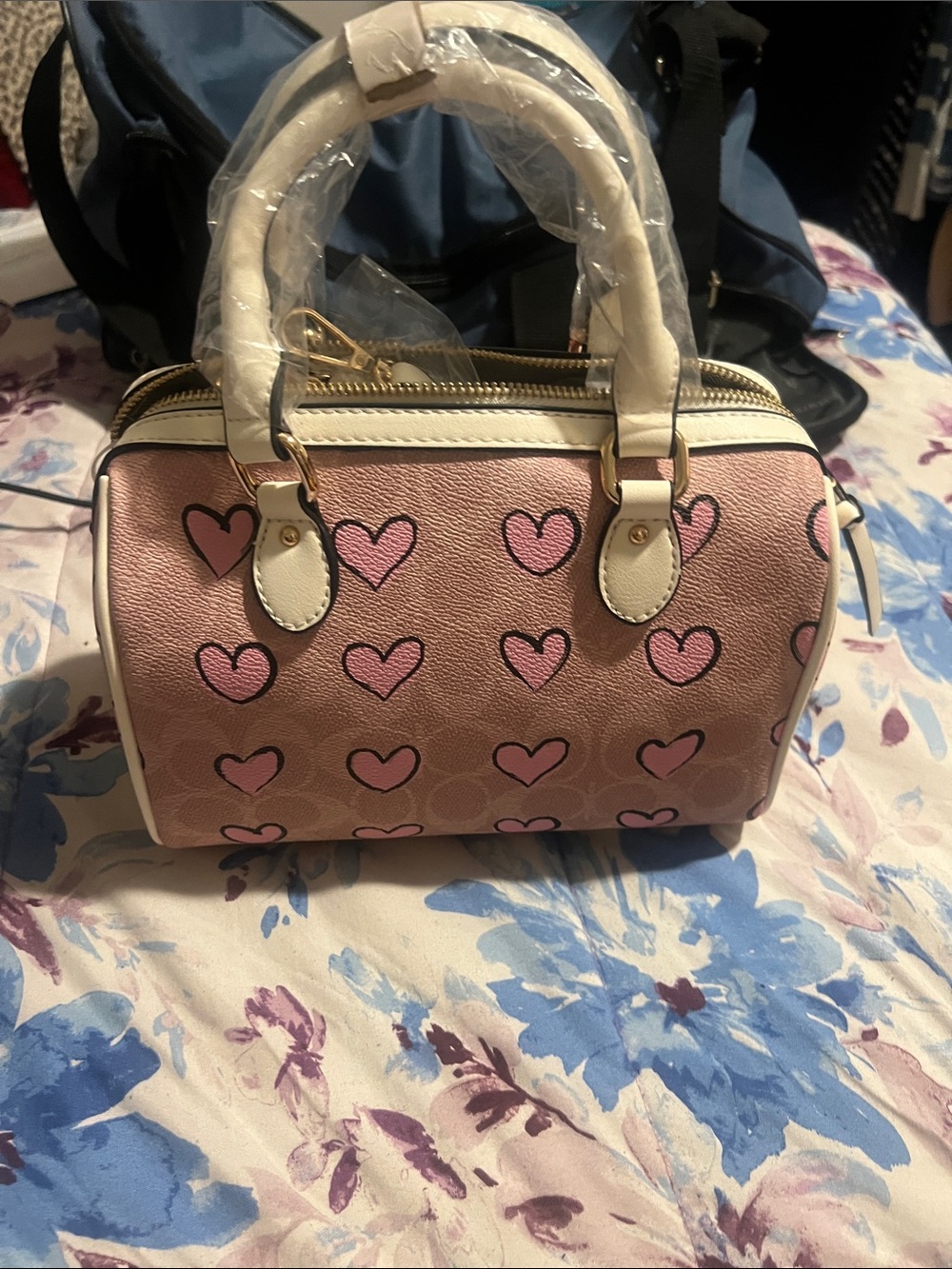 Pink Heart-Print Mini Dome Bag with Cream Handles
